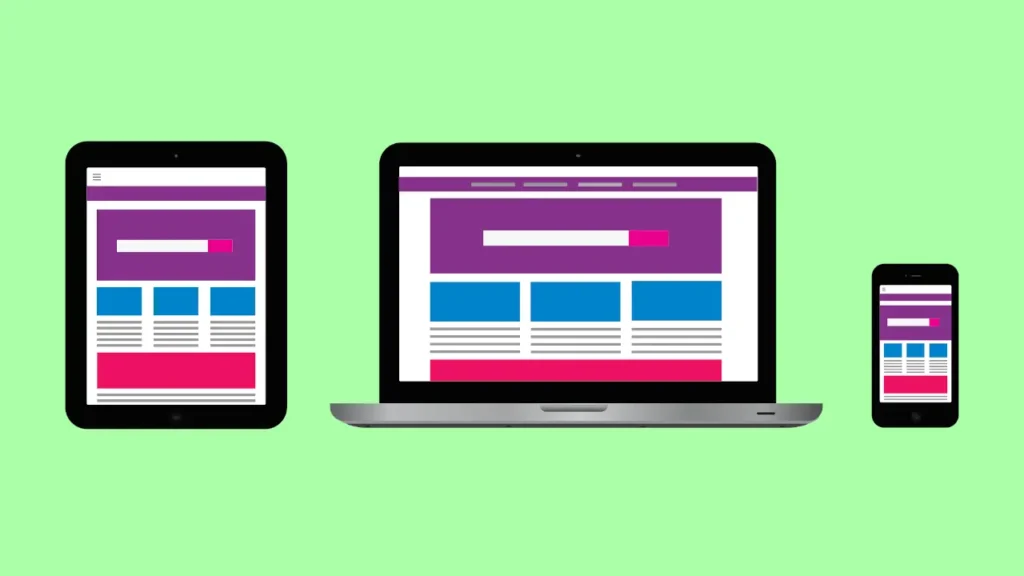 Projekt responsywnej strony internetowej, wyświetlanej na laptopie, tablecie i smartfonie.